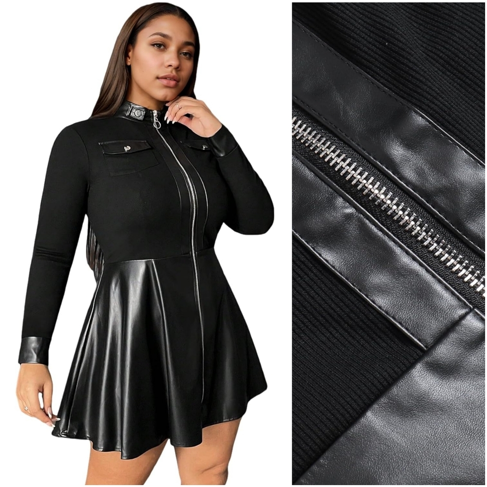 NWT ZDNPX Black Faux Leather Goth Gothic Zip Up Long Sleeve Mini Dress 3XL 18